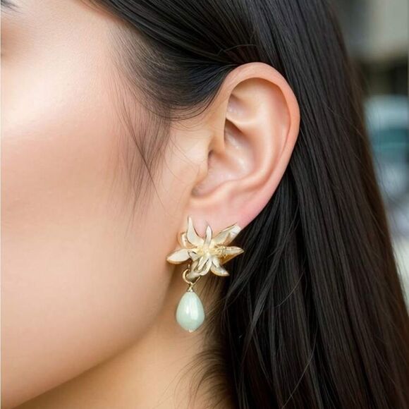 Flower pearl drop earrings A1285 - Picture 2 of 7